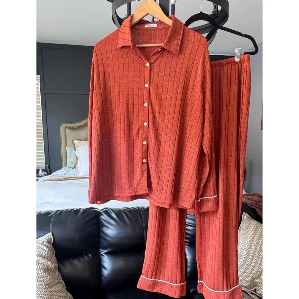 Ekouaer Women's XL Ribbed Knit Pajama Set Rust Orange